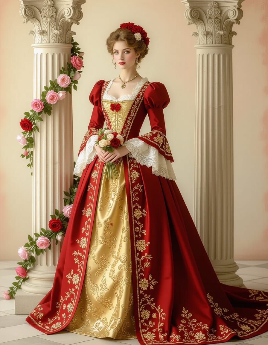 Victorian Woman in Red Gown, Pre-Raphaelite Style
