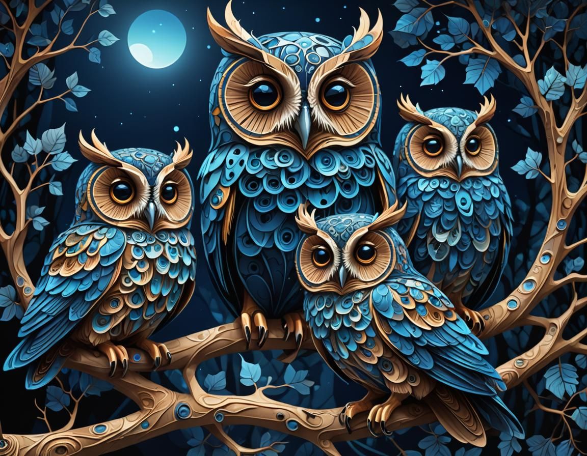 Abstract Fractal Wood Owls in Digital Folkart Style