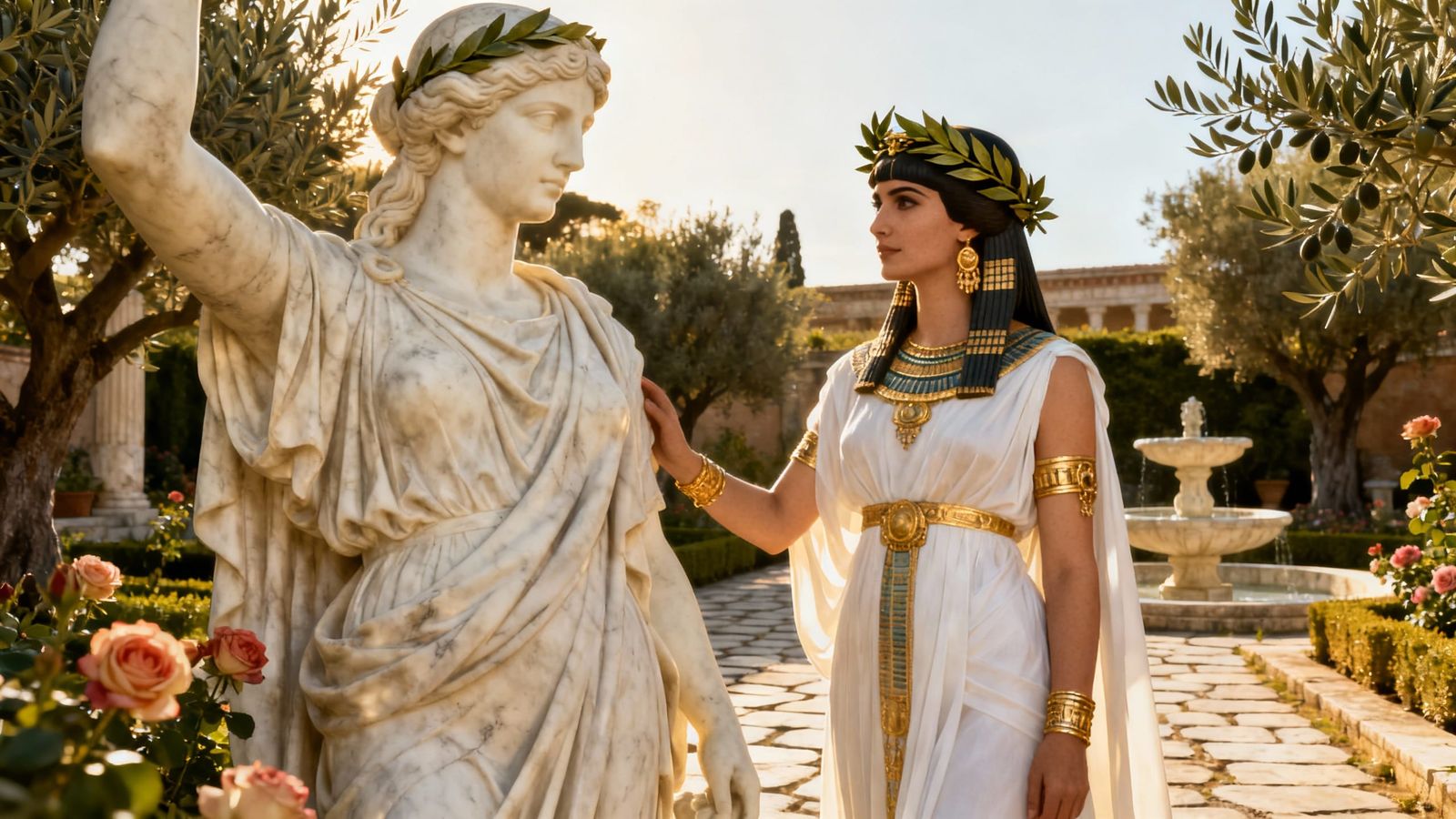 Cleopatra Beside Giant Statue in Roman Garden, Photorealisti...