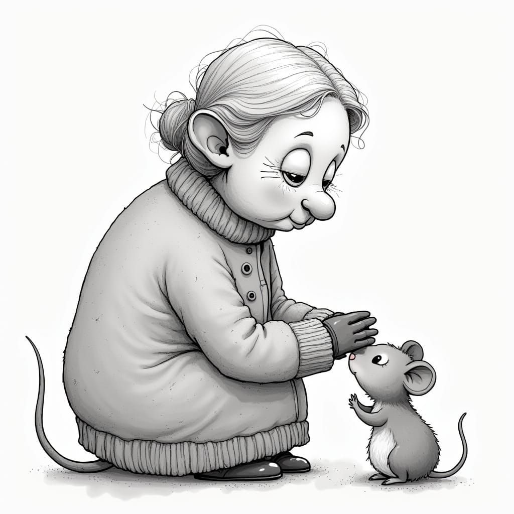 Grandmother and Mouse: Whimsical Black and White Cartoon