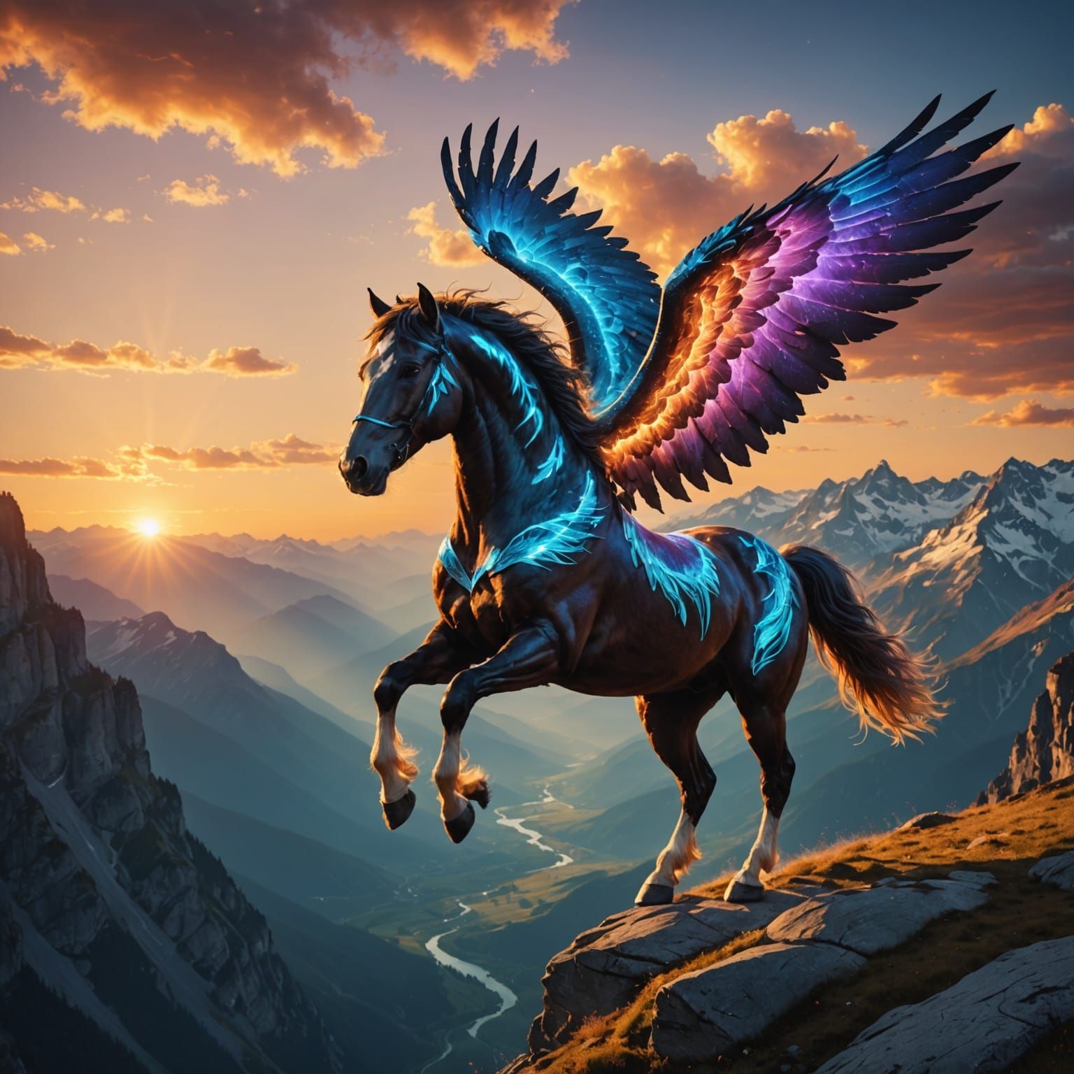 Surreal Sunset Horse Flies Over Majestic Mountains in Ethere...