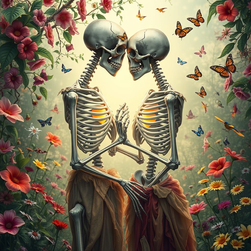 Skeletal Lovers Embrace in Vibrant, Dreamlike Garden