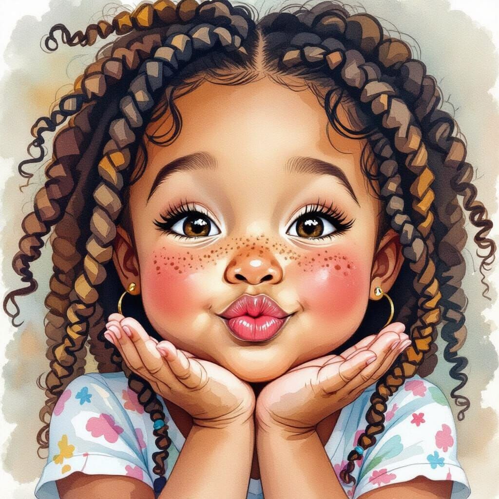 African American Girl Blowing Kiss in Watercolor Style