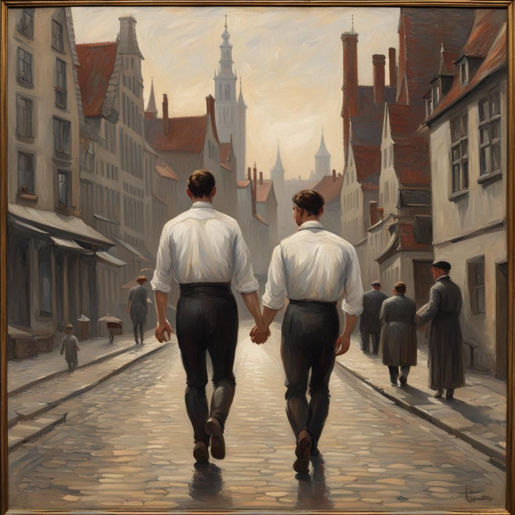 Men Walking in Bruges: Tonalist Oil Painting
