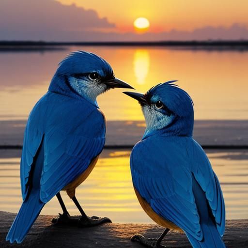 Blue Birds Kissing in Golden Sunset