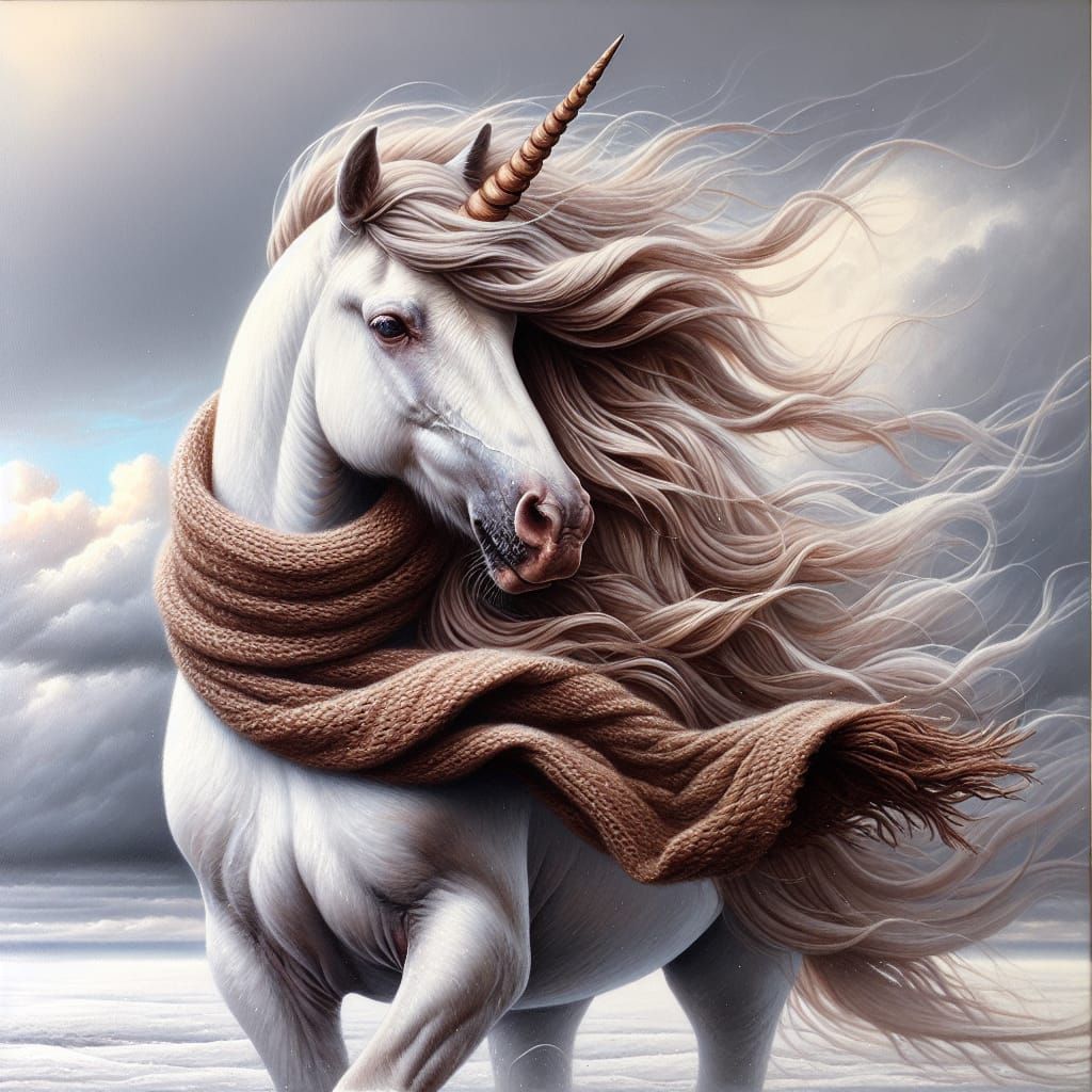 Majestic Unicorn in Misty Cloudscape, Acrylic Painting Style