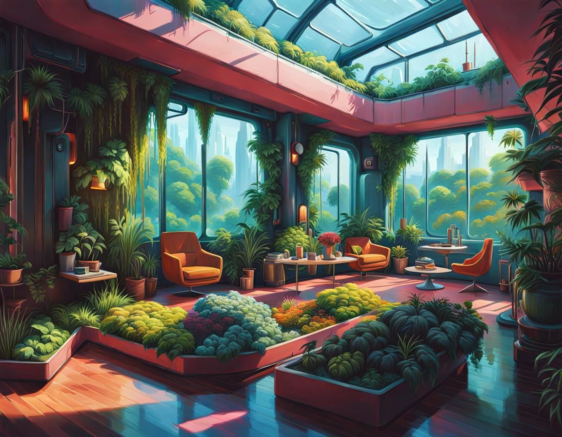 Sci-Fi Penthouse Garden in Impressionism Style