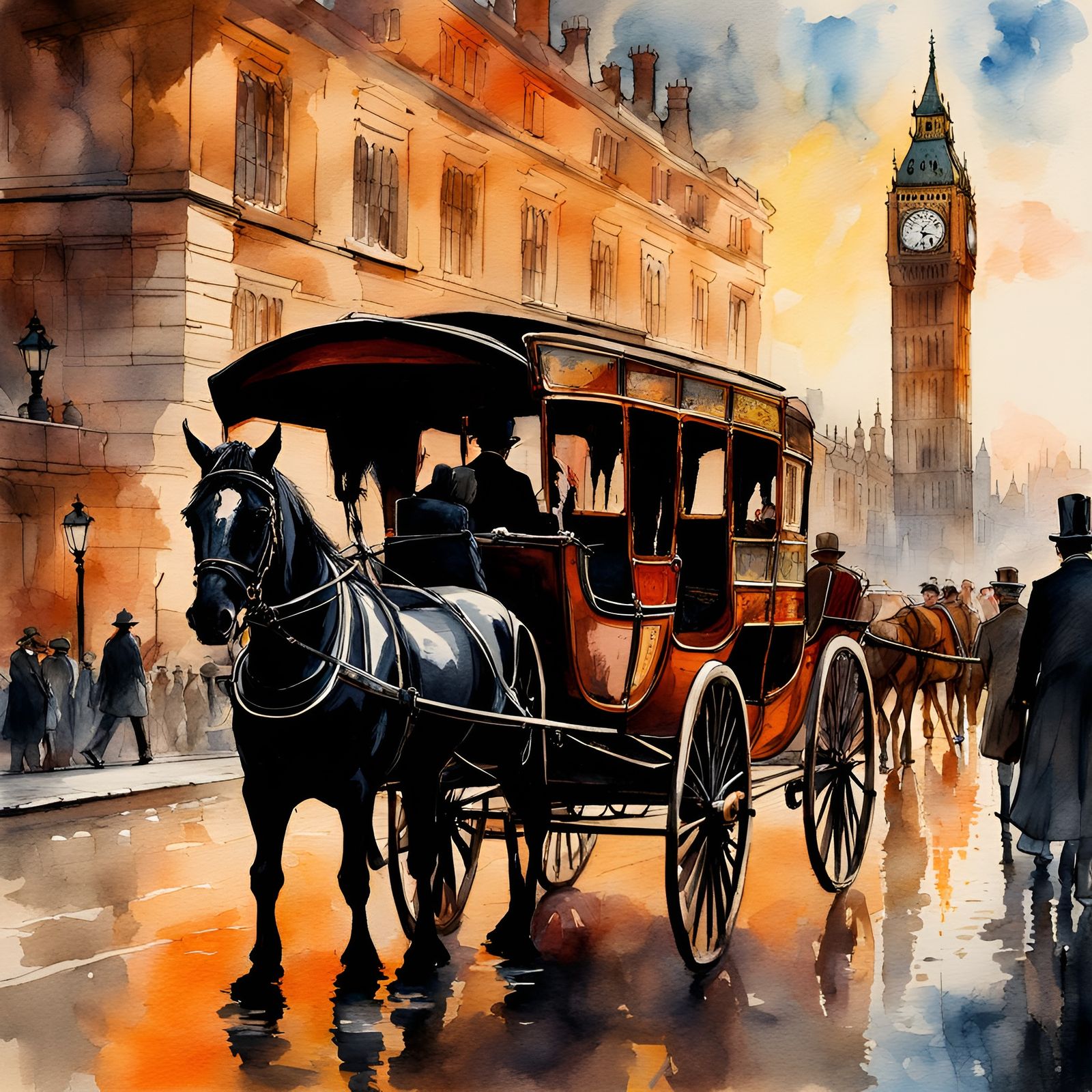 London Bridge Horse and Buggy in Watercolor
