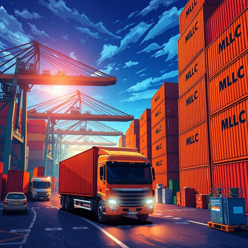 Anime Sea Port with Orange Freight Containers