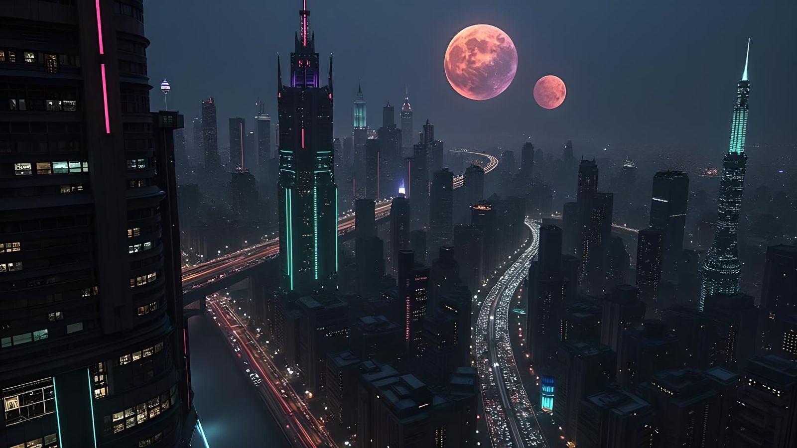 Retro-Futuristic Metropolis Under Crimson Moons