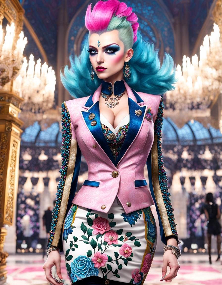 Punk Girl with Mohawk in Flowery Palace Interior