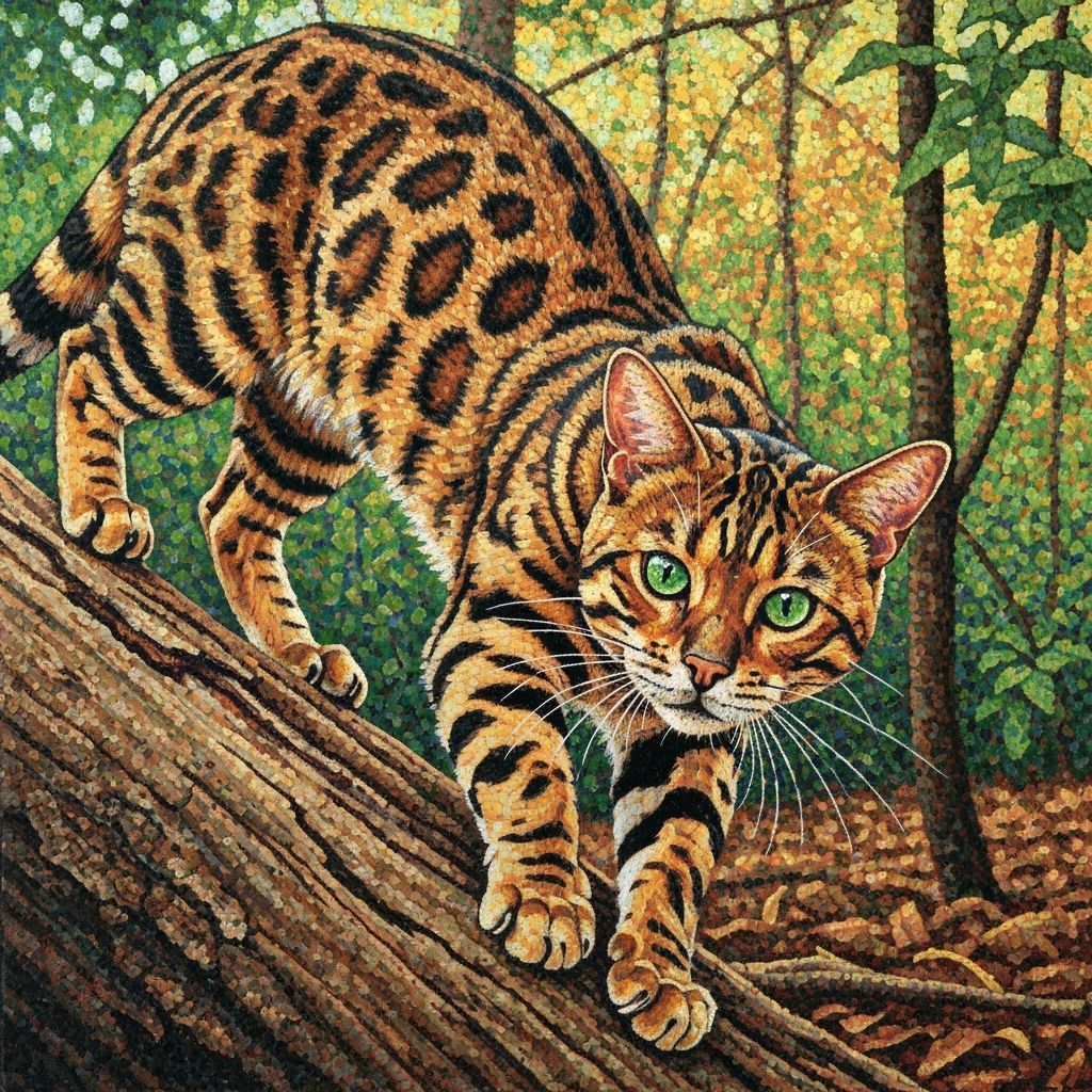 Bengal Cat Scratching a Tree: Pointillist Style