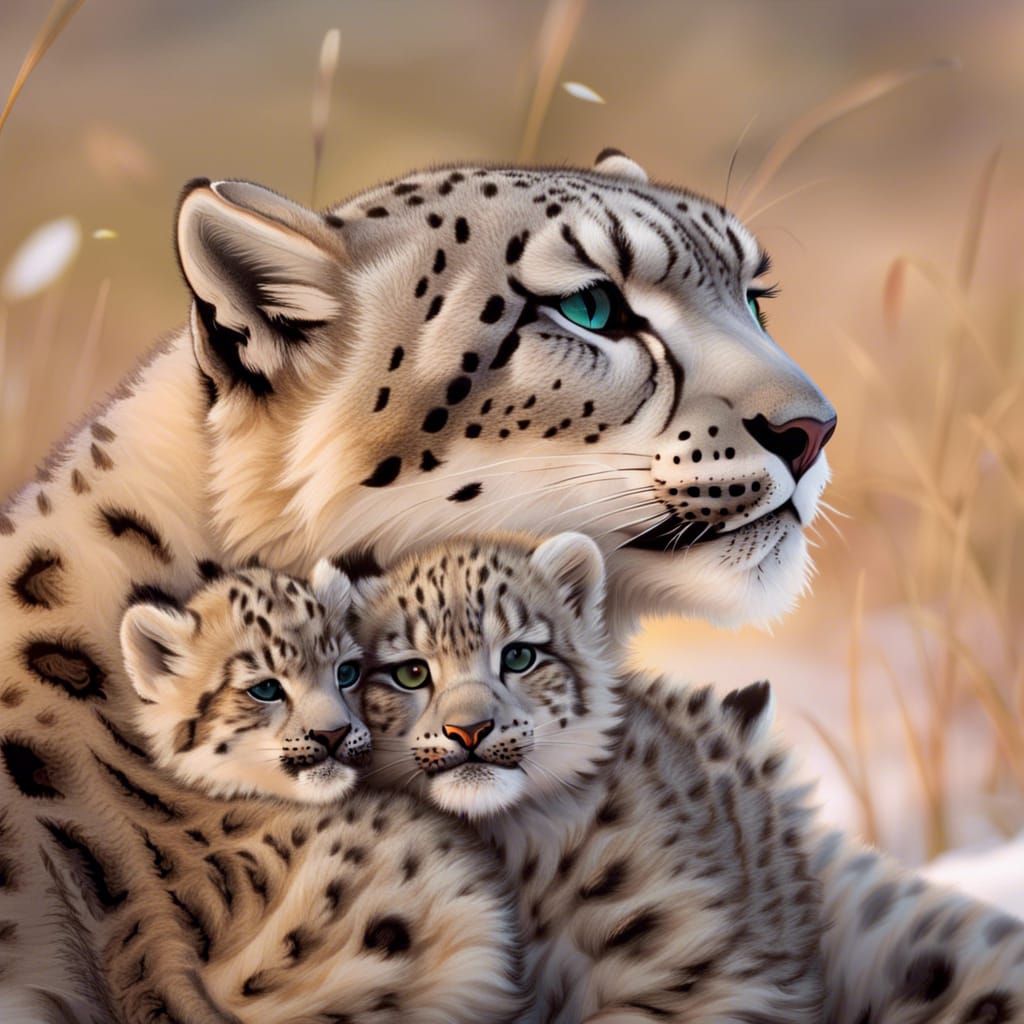Mother Snow Leopard and cubs hugging