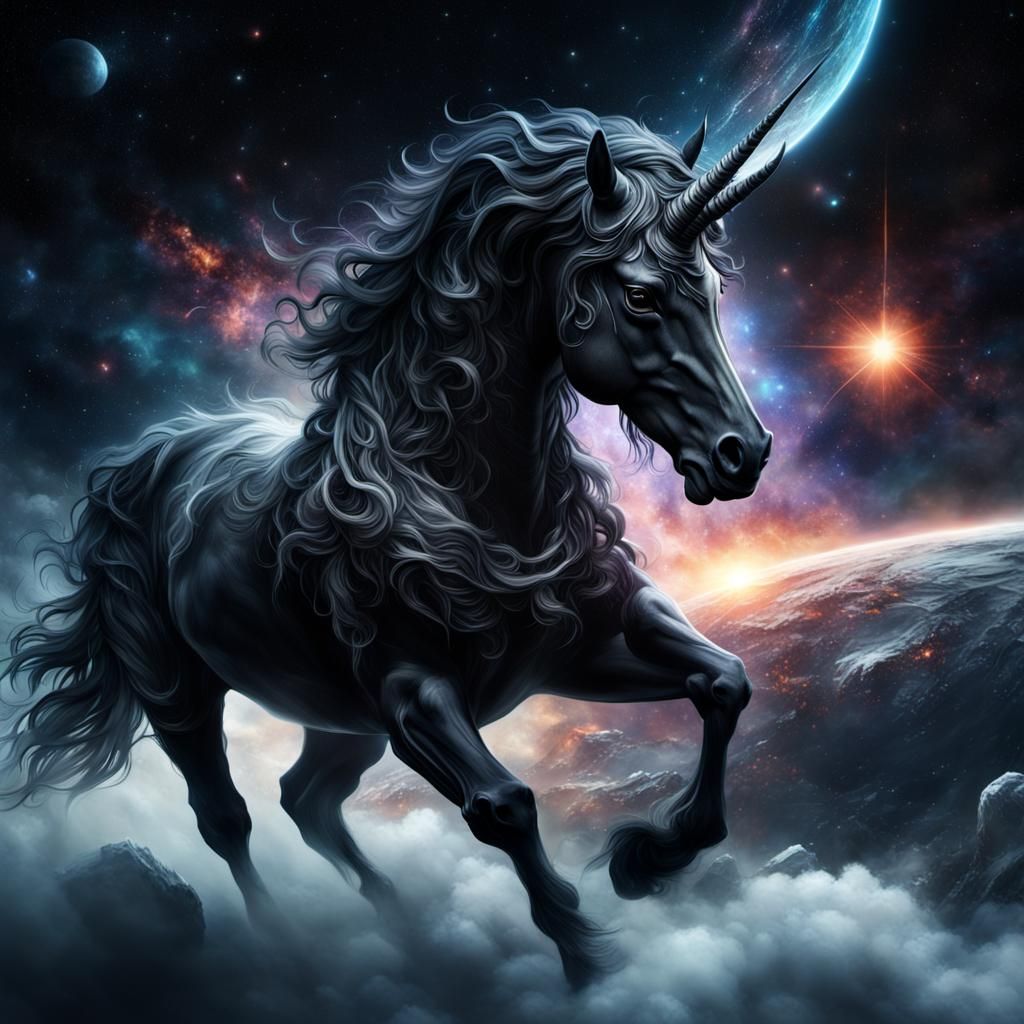 Ethereal Black Unicorn in Deep Space Digital Painting