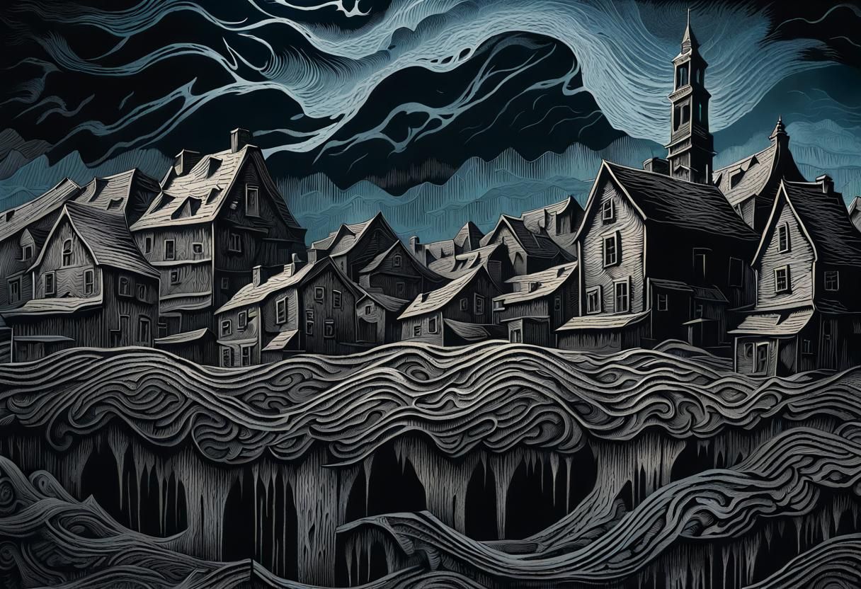 Cursed Town Woodcut Print in Horror Style