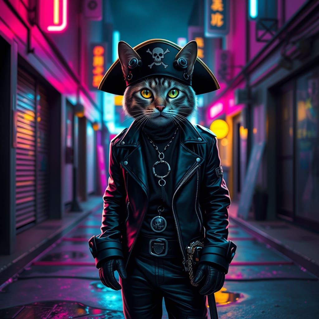Cyberpunk Cat Pirate in Dystopian Neon Alleyway