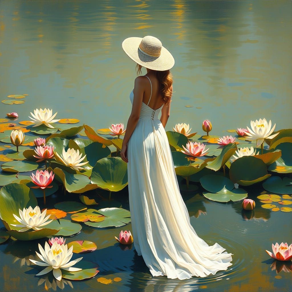 Dreamy Woman Among Water Lilies in Impressionist Style