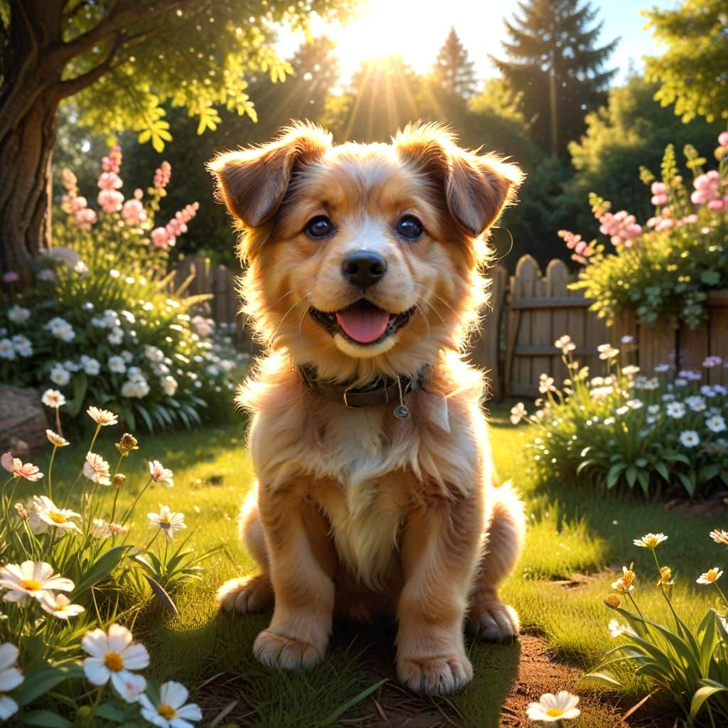 Playful Puppy Surrounded by Blooming Garden