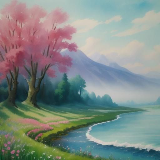 Dreamy Waterside Scene in Gouache and Watercolor