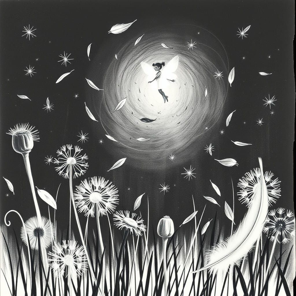 Surreal Whimsy in Black and White: Dandelions and Delicate D...