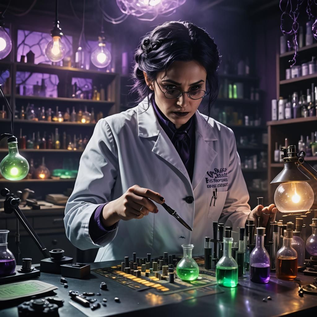 Goth Forensic Scientist in Eerie Lab, Dark Academia