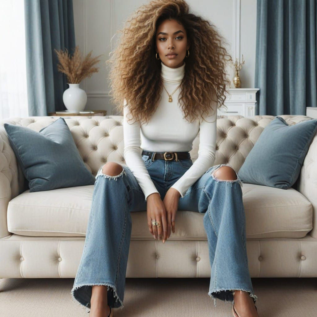 Sleek Modern Woman Relaxes in Luxurious Cream and Blue Livin...