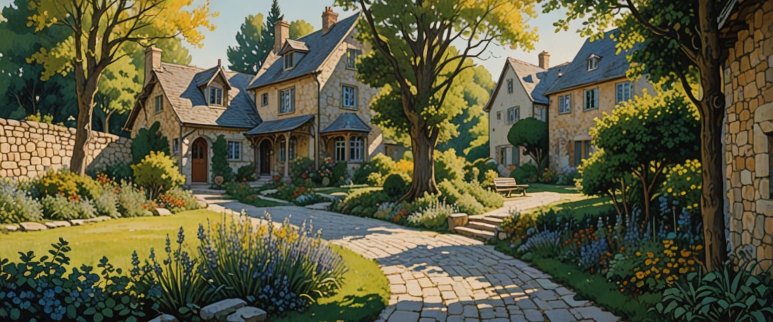 Quaint Village in Comic Book Watercolor Style