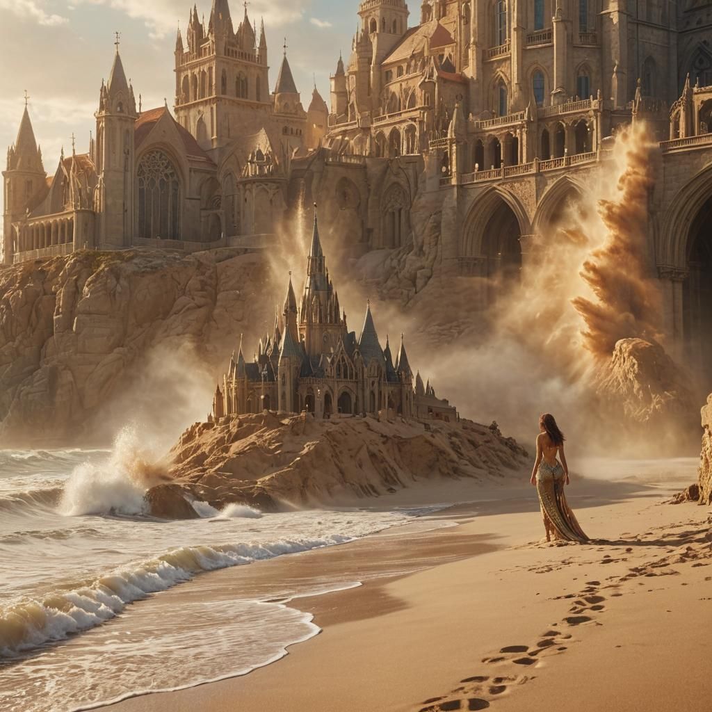 Mermaid Builds Sandcastle Cathedral: Cinematic Digital Paint...