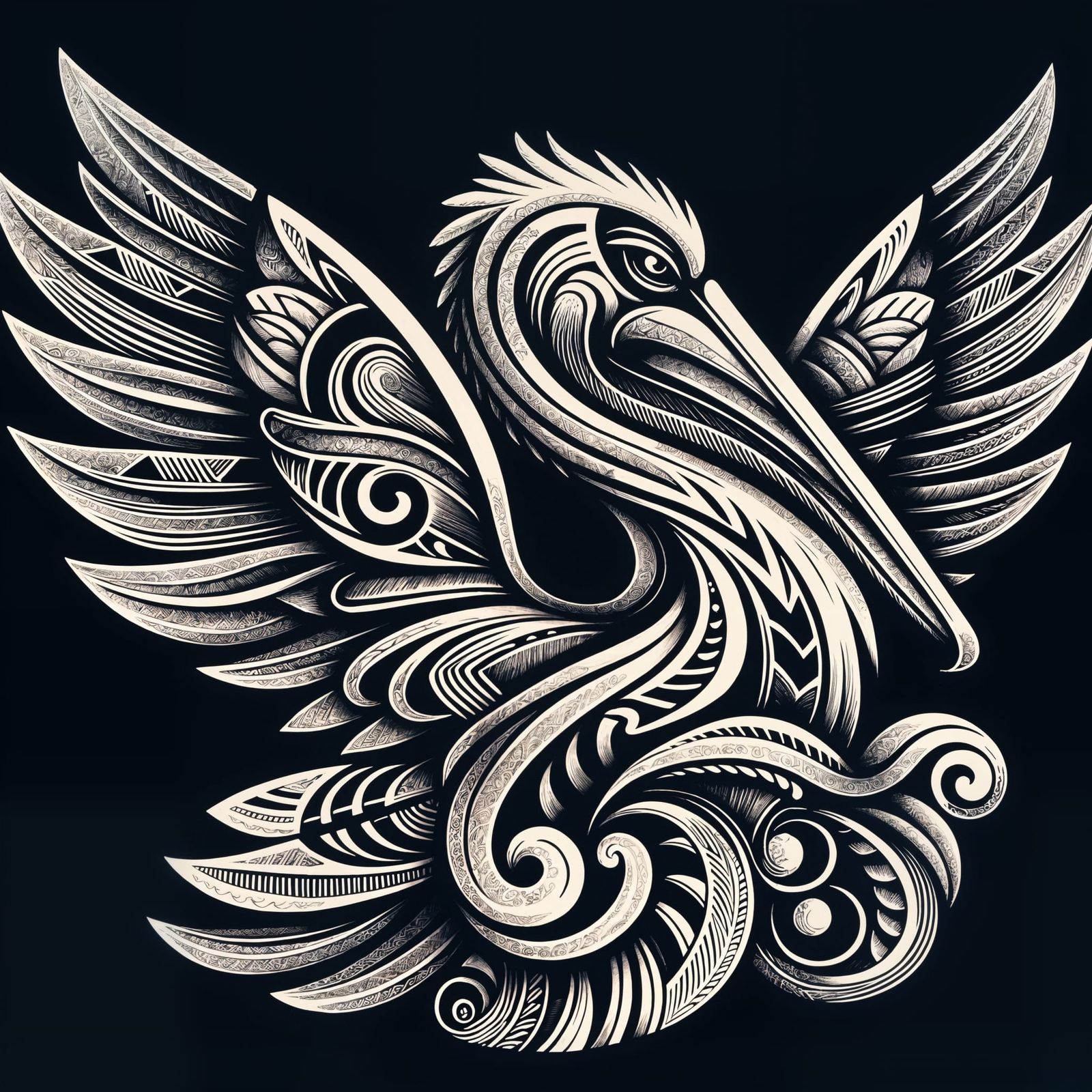 Polynesian Tribal Pelican in Dark Elegance