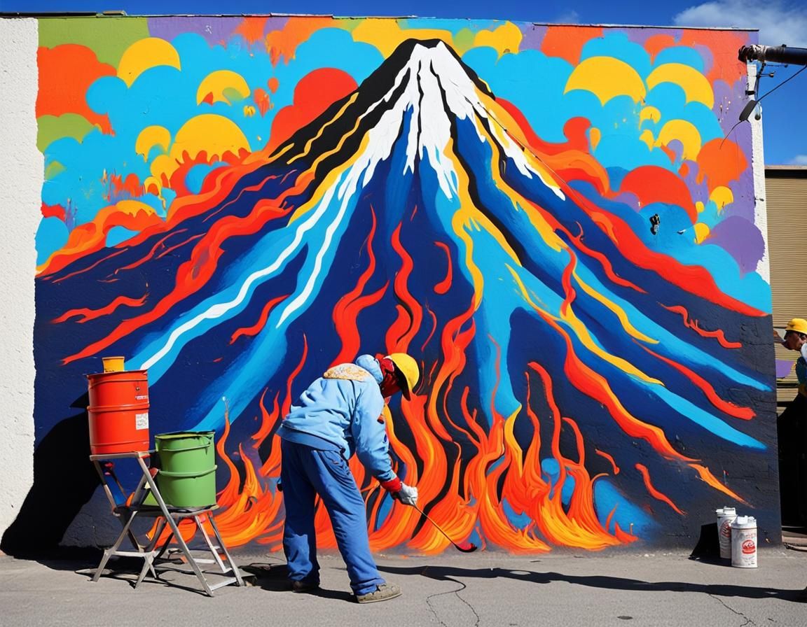 Street Artist's Volcano Mural in Stencil Art Style