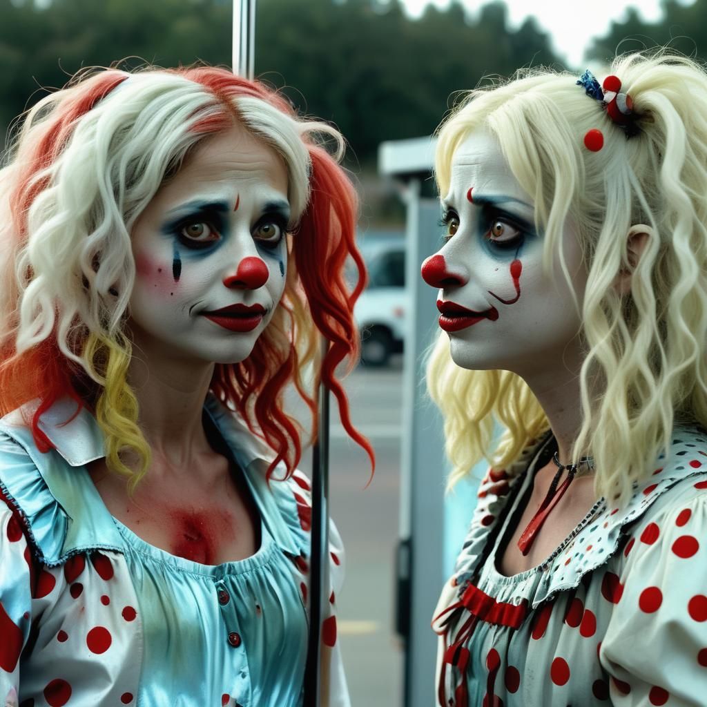 Clown Women at Bus Stop, Cinematic Still
