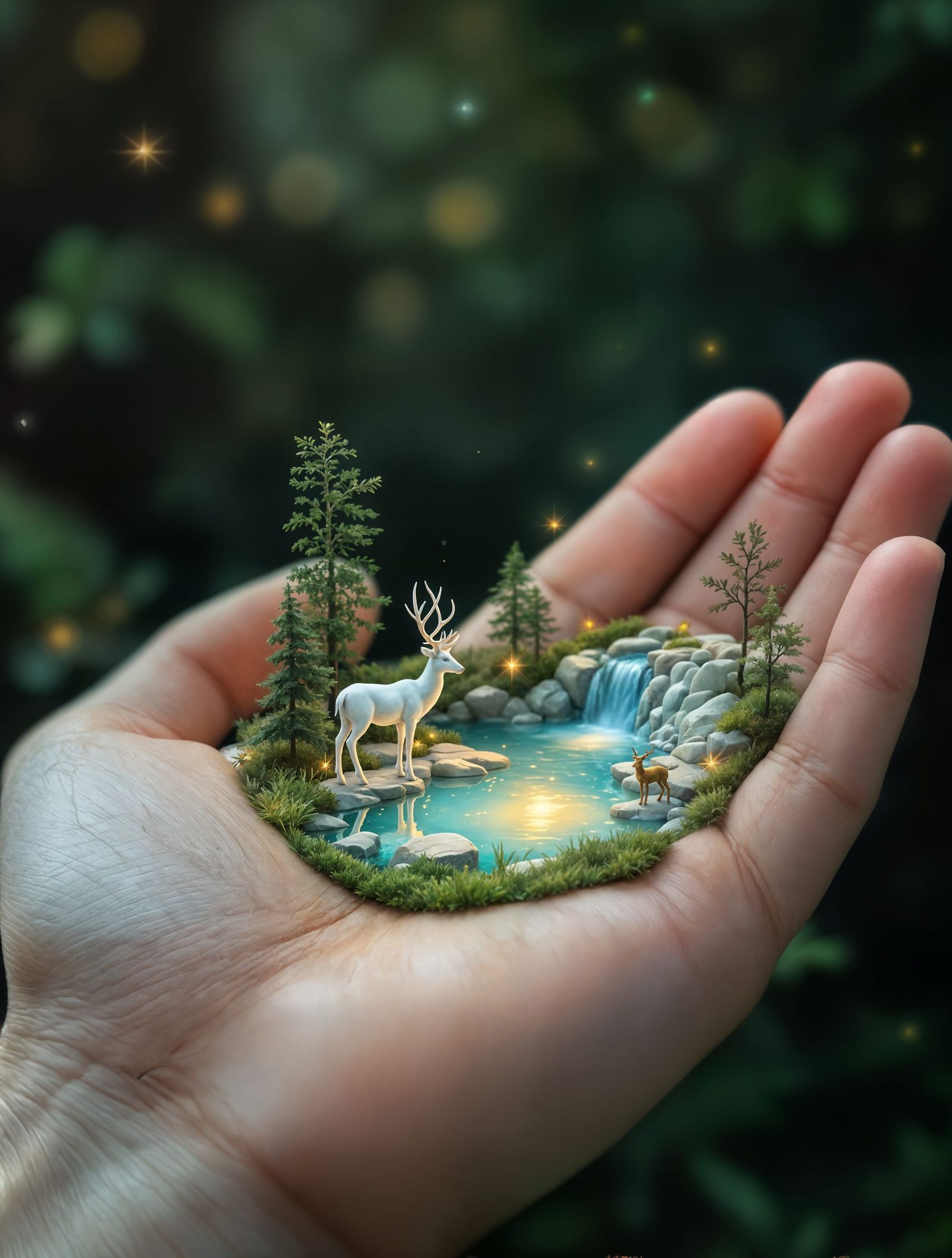 Hyperrealistic Painting of a Human Hand Cradling a Miniature...