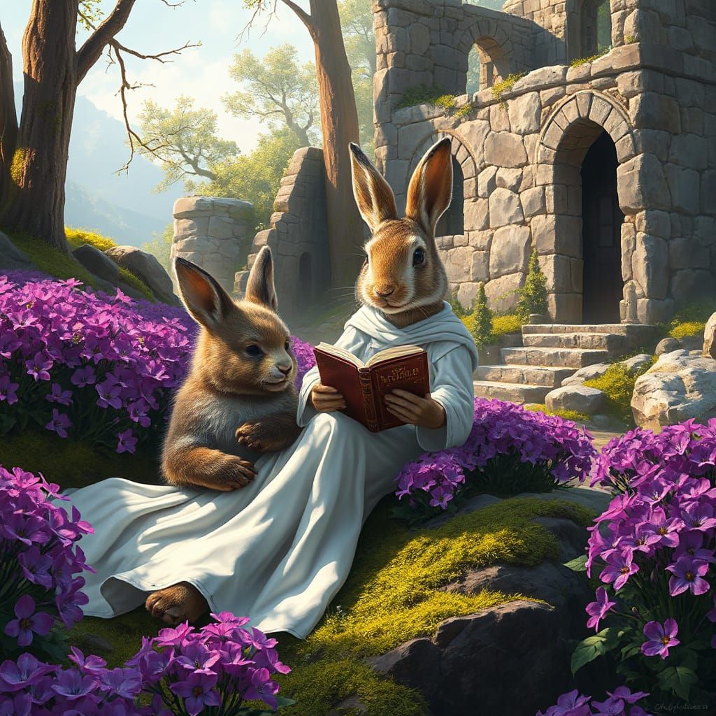 Whimsical Forest Sanctuary with Rabbit and Bear in Elegant R...