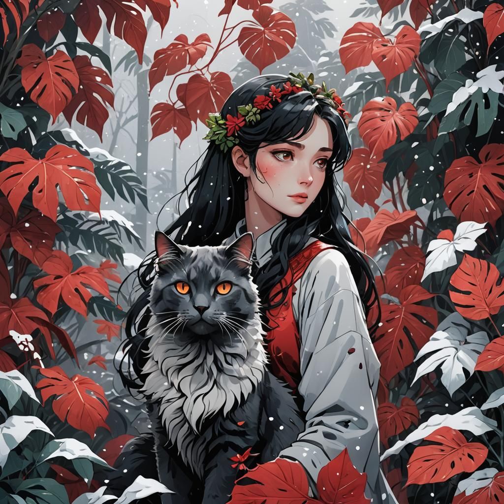 Sad Bride with Cat in Snowy Anime Style