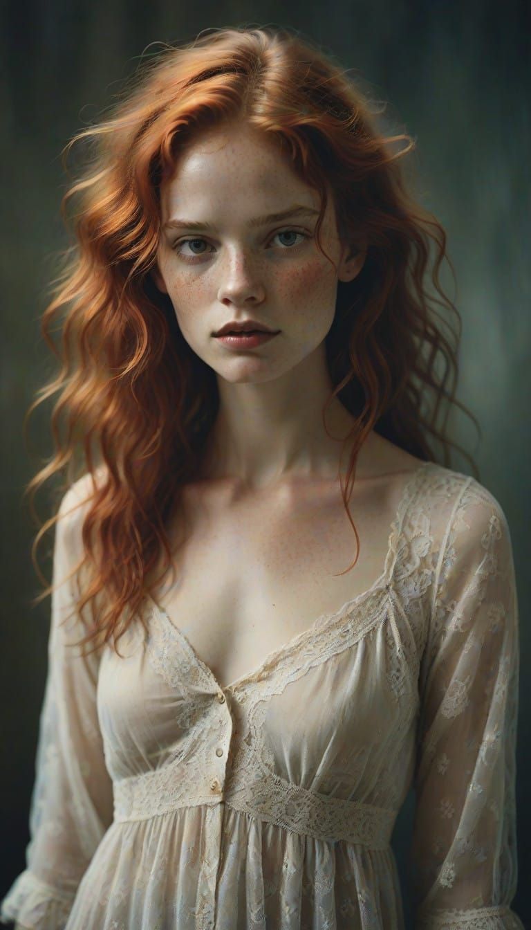 A Red-Haired Girl in a Sheer Nightshirt Captured in Warm, Ci...