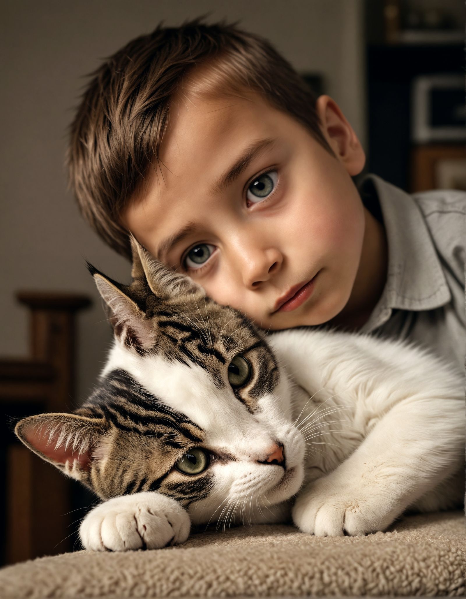 Hyperrealistic Portrait of Kitten and Boy in Cinematic Style