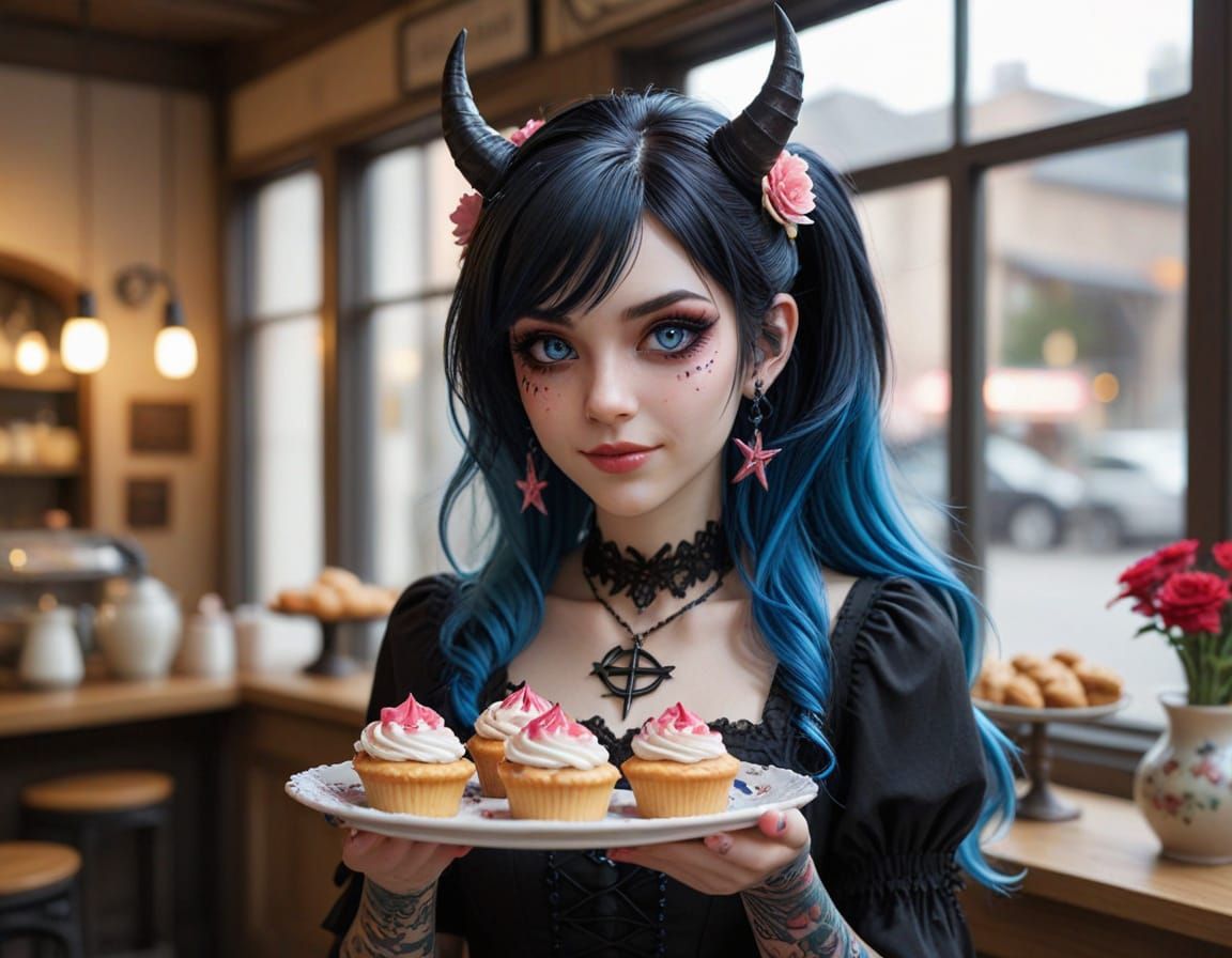 Anime Demon Maid in Bakery with Pastries