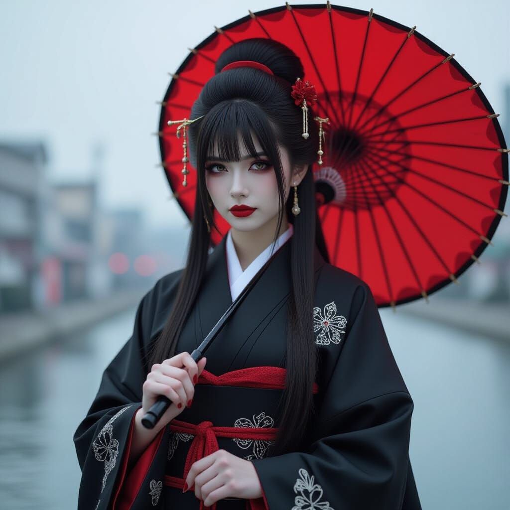 Gothic Japanese Woman in Stormy Underworld