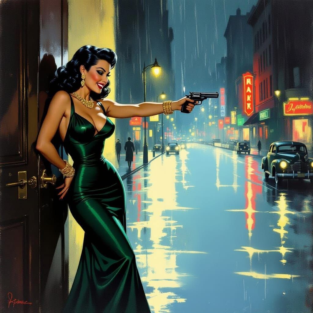Femme Fatale Points Revolver in Rainy Film Noir City