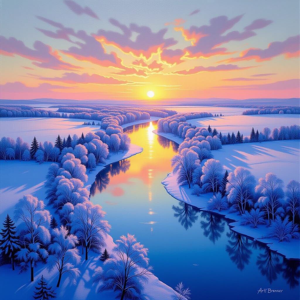 Frosty Sunset Over River in Oil Painting Style