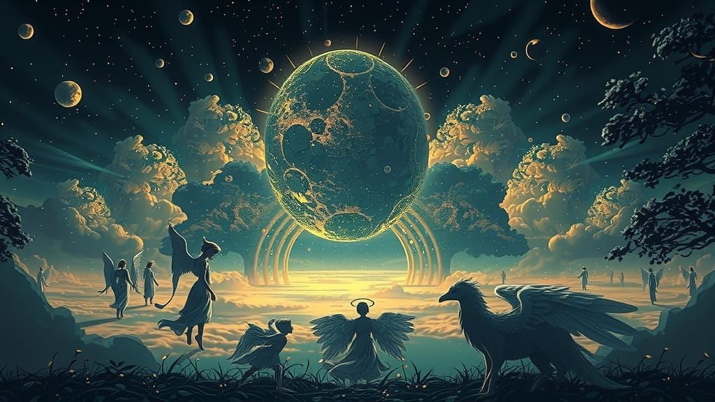 Celestial Realm with Golden Light and Ethereal Angels