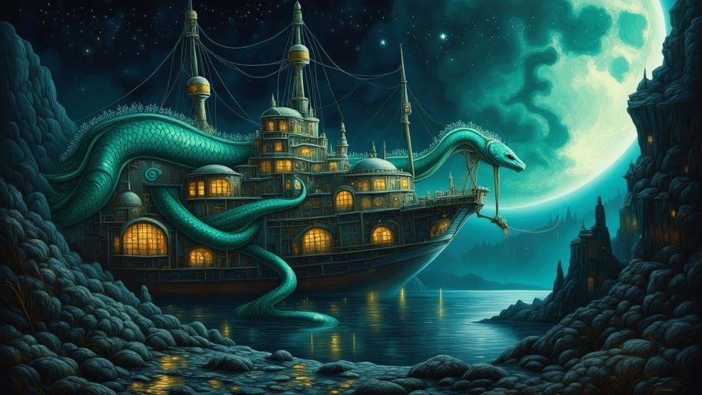 Ancient Serpent Coiled Around Spaceship Wreckage in Cosmic V...