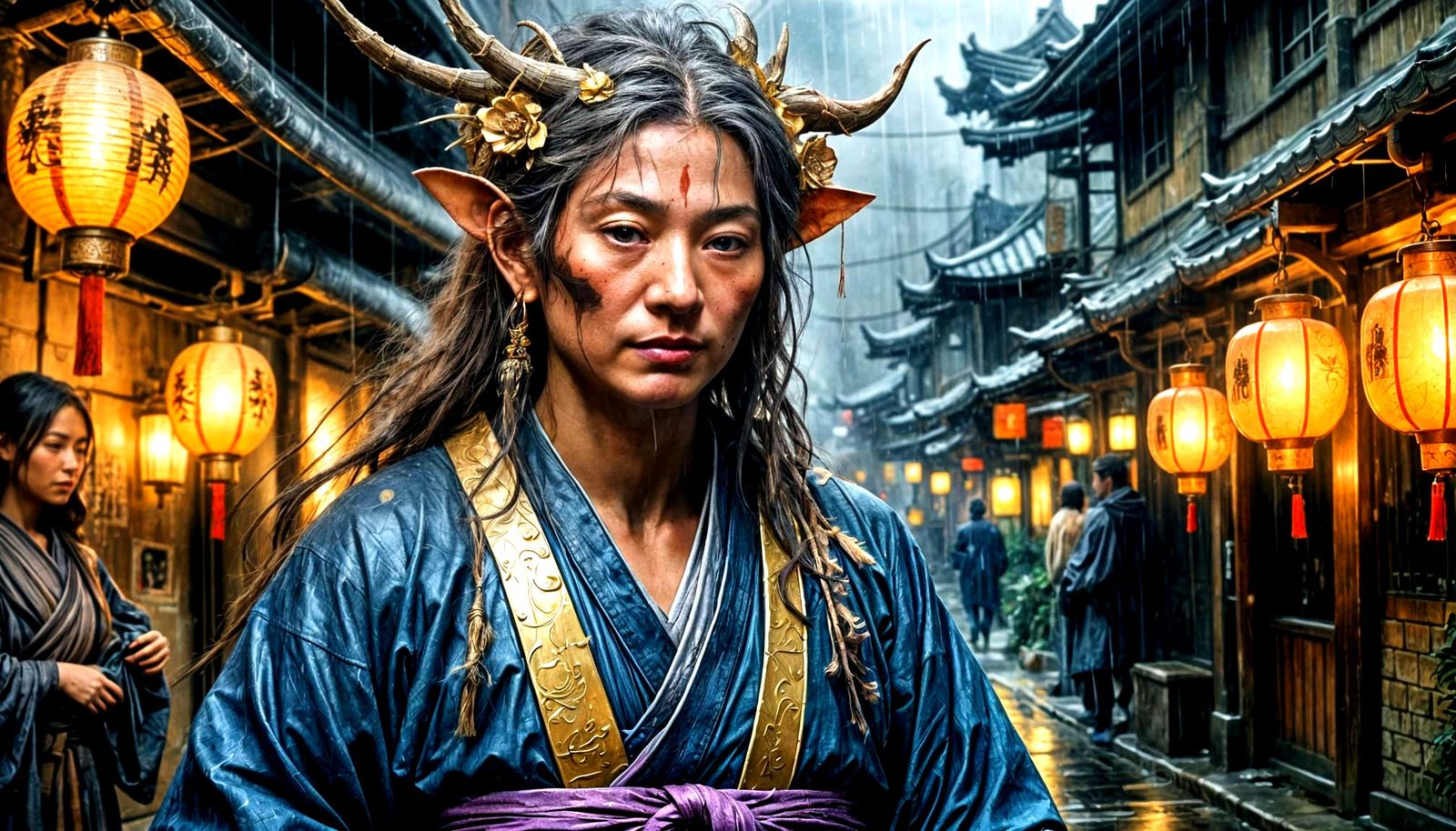 Japanese Character in Rainy Alleyway - Fantasy Concept Art