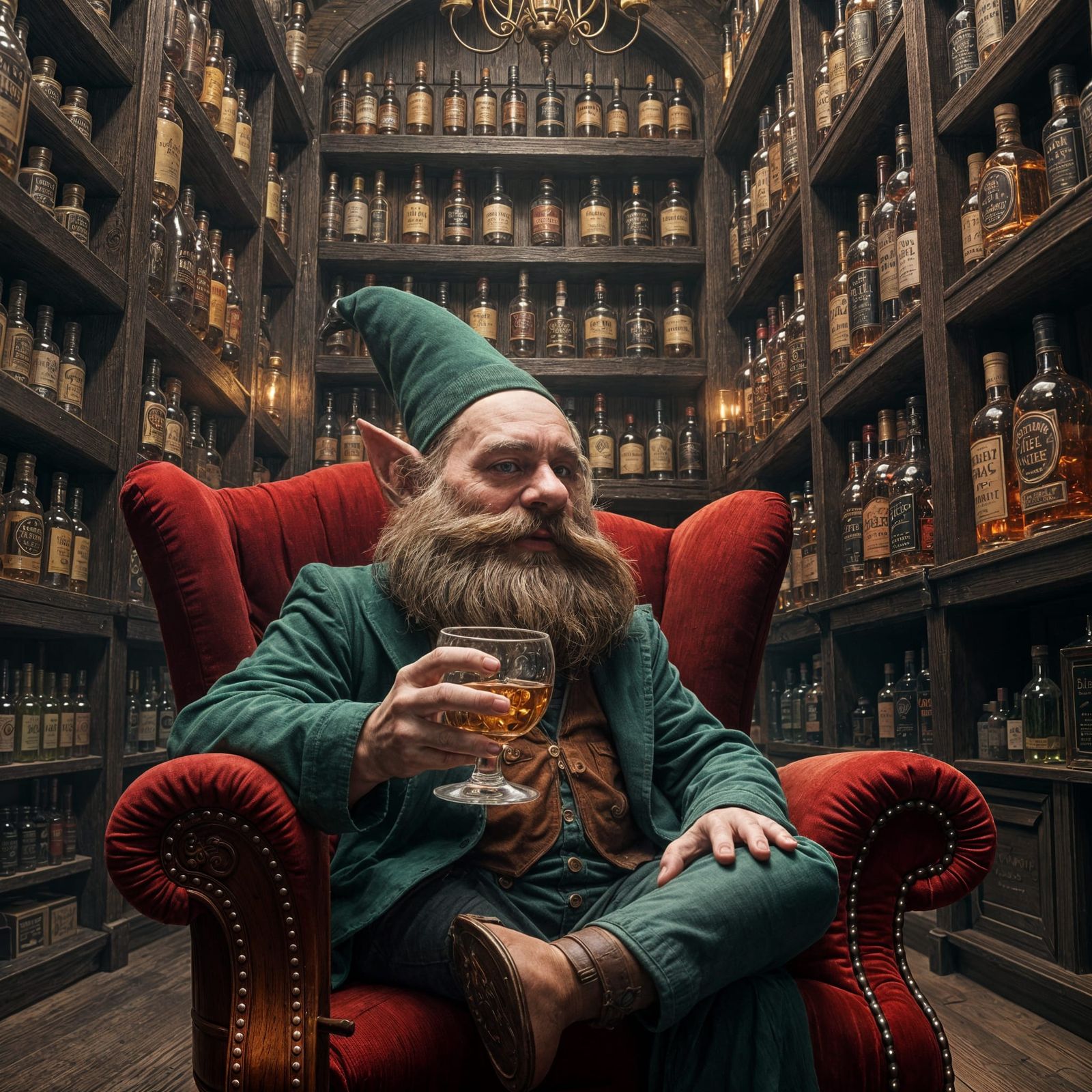 Gnome Enjoys Whiskey in Luxury Study with Exotic Bottles