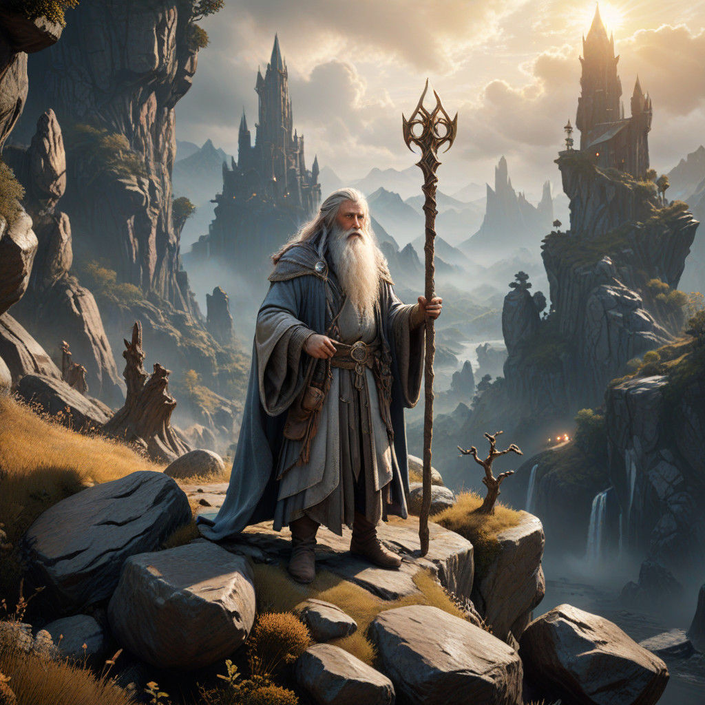 Epic Fantasy Lord of the Rings Style Wizard Standing on Clif...