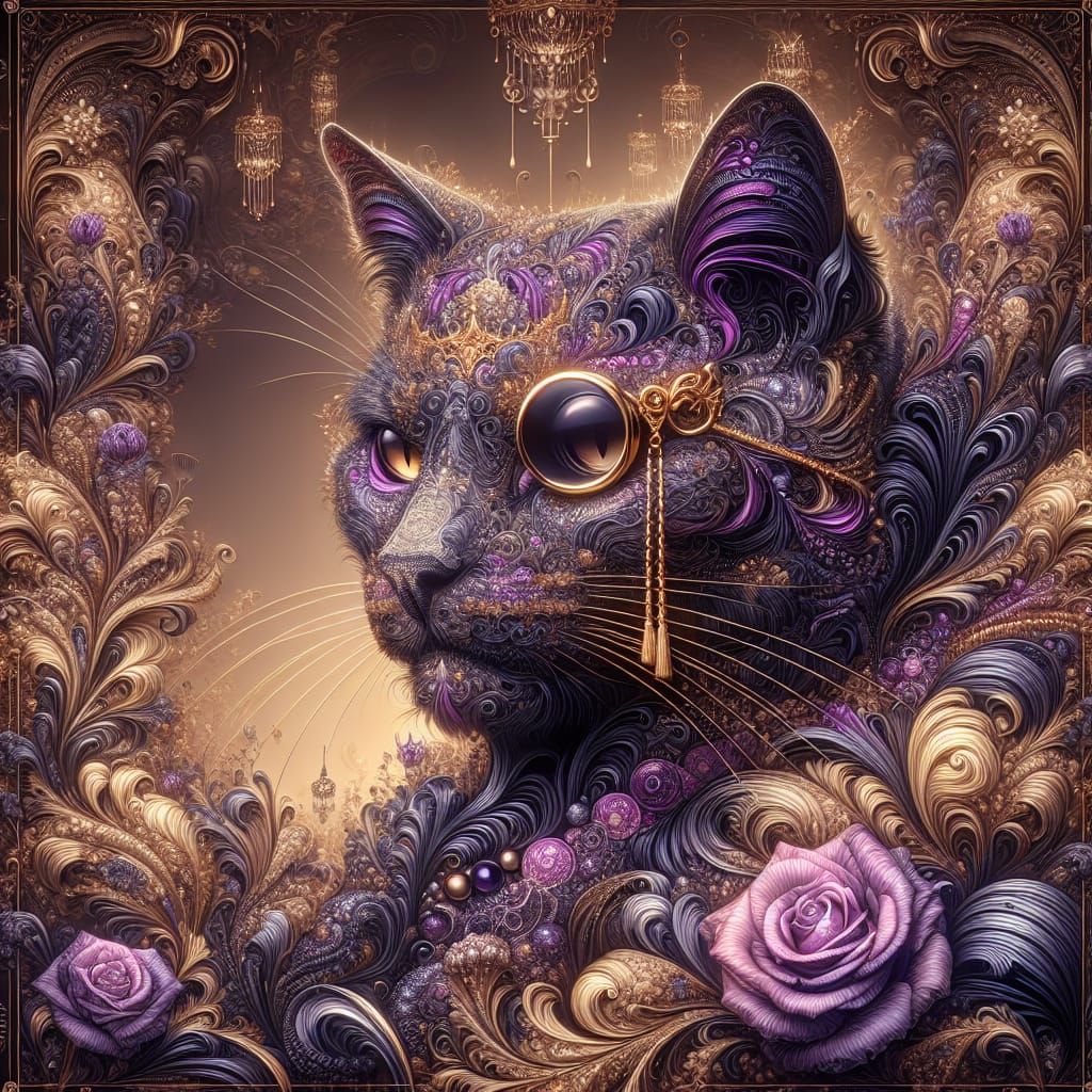 Majestic Royal Cat Portrait in Purple and Gold