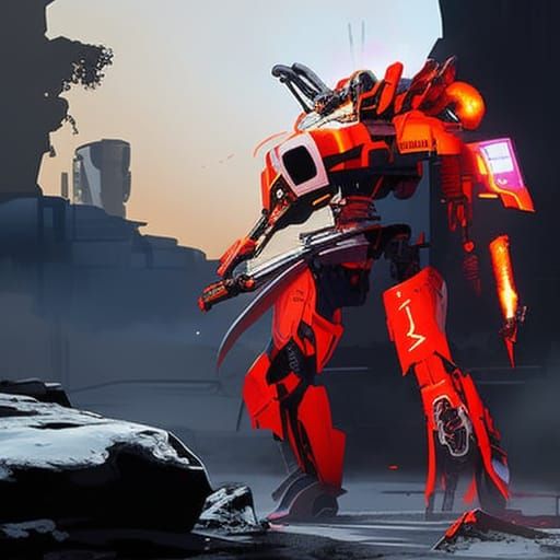 Battle-Damaged Omnimech with Missile Launch, Digital Art