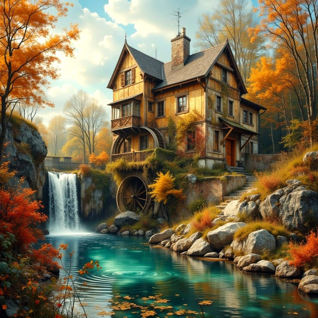 Dreamy Mill House in Retro Fantasy Landscape