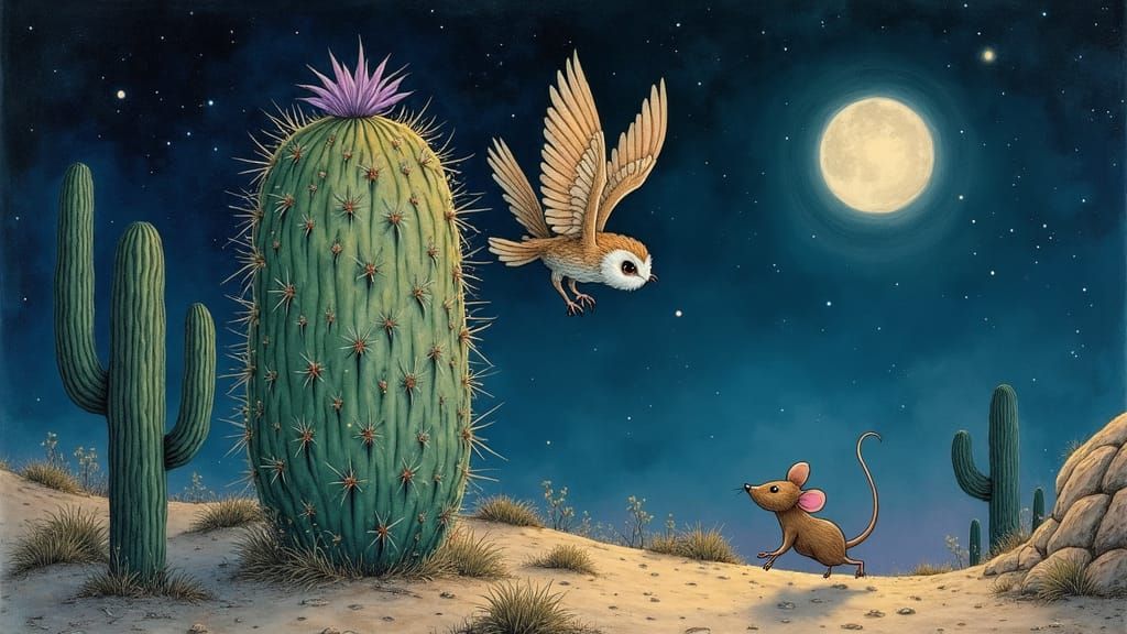 Desert Owl Swooping, Arthur Rackham Style