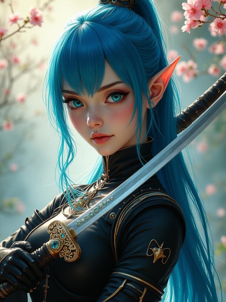 Ethereal Ninja Elf in Cyberpunk Style